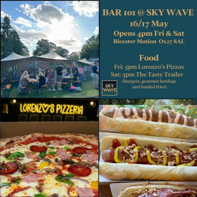 Spend another sunny weekend with us. Award winning gin, local beer and wine - cocktails from 6pm! An outdoor bar next to a cocktail bar- what could be more perfect. Kids and dogs very welcome!

If you're a solo musician who loves doing covers, we have a spot available this Saturday 17th at our outdoor bar. Please get in touch!

@wearescramblers Bicester Motion @_lorenzospizzeria @thetastytrailer1 

#weekendvibes #Weekend #drinkspecials #skywave