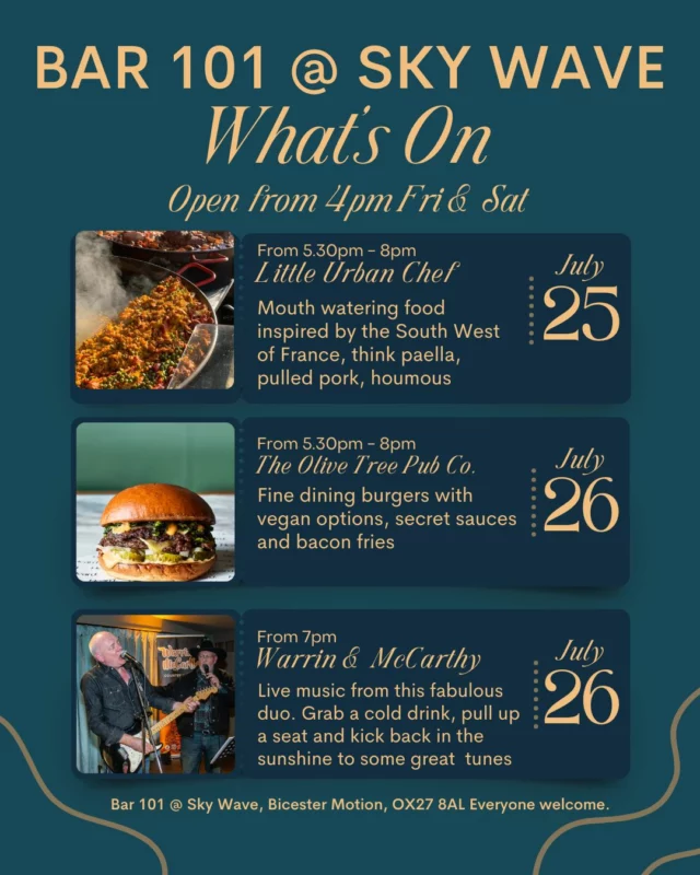 The sun's coming back and your favourite outdoor bar has a great weekend of drinks, food and live music lined up for you!  Grab your sunnies and head over from 4pm on Friday and Saturdays at Bicester Motion. Don't miss it!

#weekends #weekendvibes #weekendtime #weekendplans #foodlover #livemusic #food #skywave #gin 

@littleurbanchef @the_olive_tree_pub_company @warrinmccarthy @bicestermotion @wearescramblers