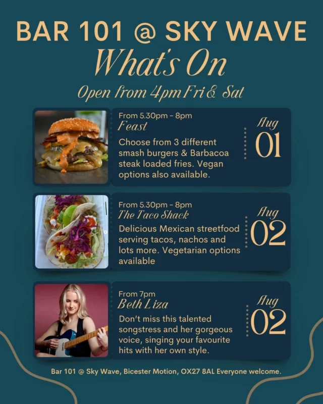 Right you lovely people, Bar 101 @ Sky Wave has a great weekend coming up for you!
It goes without saying you'll find exquisite cocktails and G&Ts, but also local beer, cider and wine. 
Take a look at the delicious street food on offer and the talented Beth Liza who's playing on Saturday evening. 
Come and enjoy The Spirit of Oxfordshire®  at Bicester's favourite outdoor bar. Everyone welcome at Bicester Motion (past the barrier and at the top of the avenue)

#livemusic #streetfood #drinks  #WeekendPlans  #weekend #weekends #weekendvibes #skywave #gin #thespiritofoxfordshire 

Taco Shack @streetfoodfeast @bethelizamusic @amarshallracing @wearescramblers @bicestermotionuk  Bicester Motion