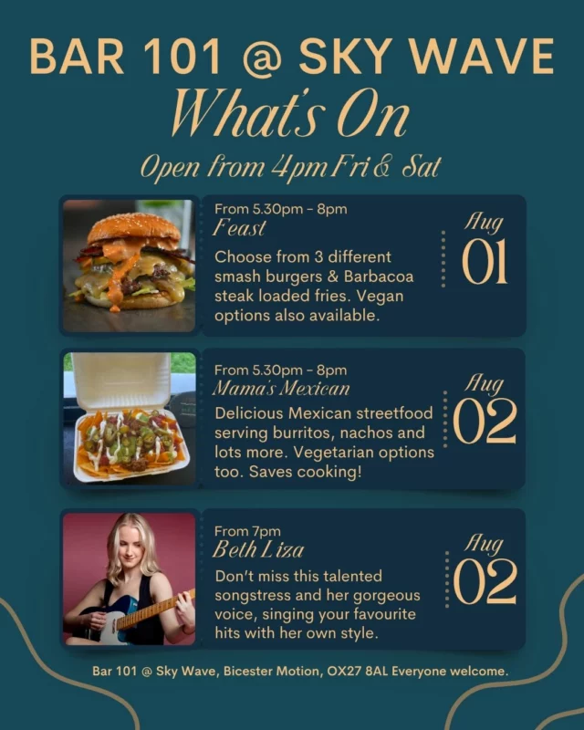 Due to injury, we've had a little change in our streetfood line up this weekend - but fear not, it's still lovely Mexican on offer but now from @mamas.mexican  We are really looking forwards to having them on Saturday night along with live music from the lovely @bethelizamusic 

Friday looks warm, so why not end the week with some drinks and delicious food from @streetfoodfeast  Saves cooking! Bring the family - and the dog. Maybe not the cat.

Bar 101 @ Sky Wave is open to all, just head past the barrier at Gate 1, Bicester Motion on Buckingham Road. See you there!

#weekend #weekend #weekendfun #weekendmood #weekendtime #weekendplans  #weekendvibes #livemusic #music #skywave #gin