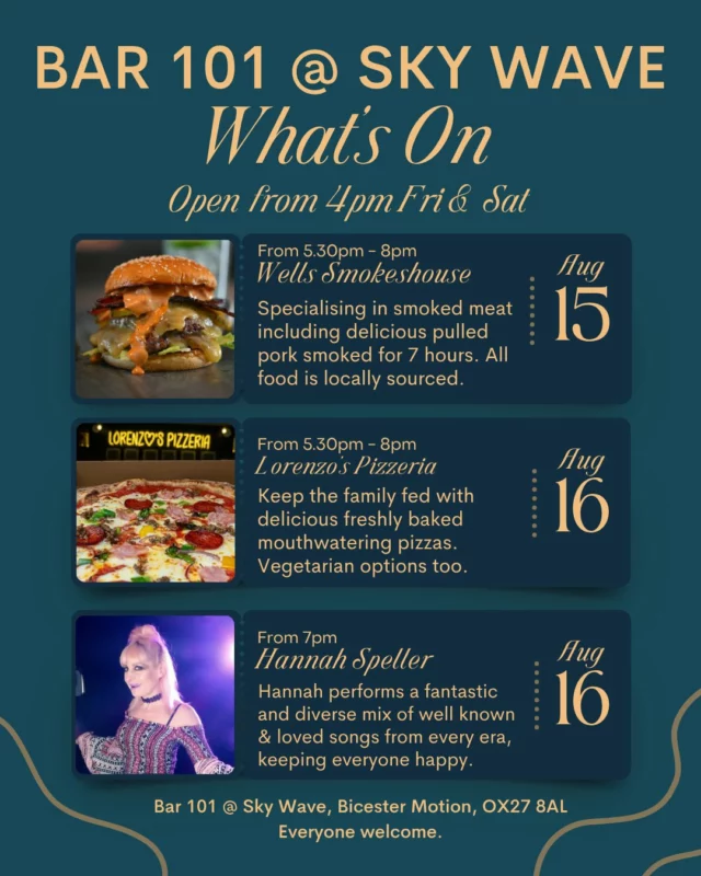 This week is going to be a scorcher - so head to Bicester's favourite outdoor bar, this weekend for great drinks, food and music. Open to all from 4pm, just head past the gates on Buckingham Road and up to the top of the avenue.

#SkyWave #thespiritofoxfordshire #livemusic #weekends #streetfood #Gin #foodlover #food #events #WeekendDrinks 

@hannahspeller78  Hannah Speller Music  @wellssmokehouse Wellssmoke House  @_lorenzospizzeria Lorenzo's Pizzeria  @bicestermotion